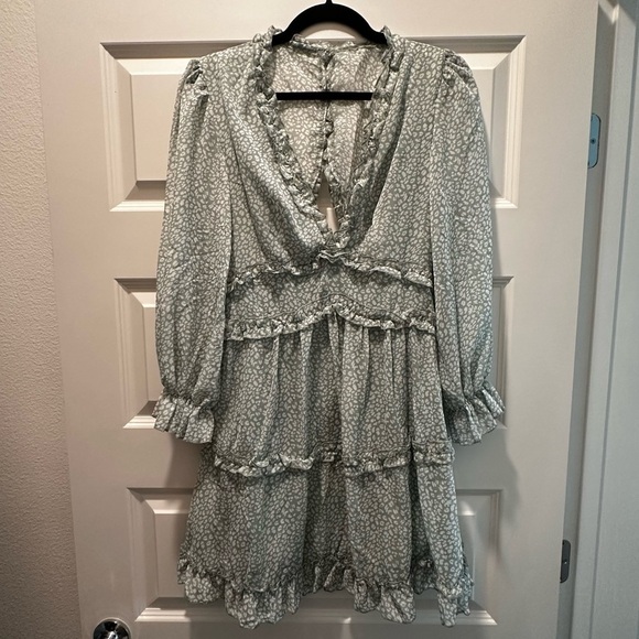 Long Sleeve Dress Deep V Neck Ruffle Layer Swing Mini Dresses Open Back - Picture 2 of 14